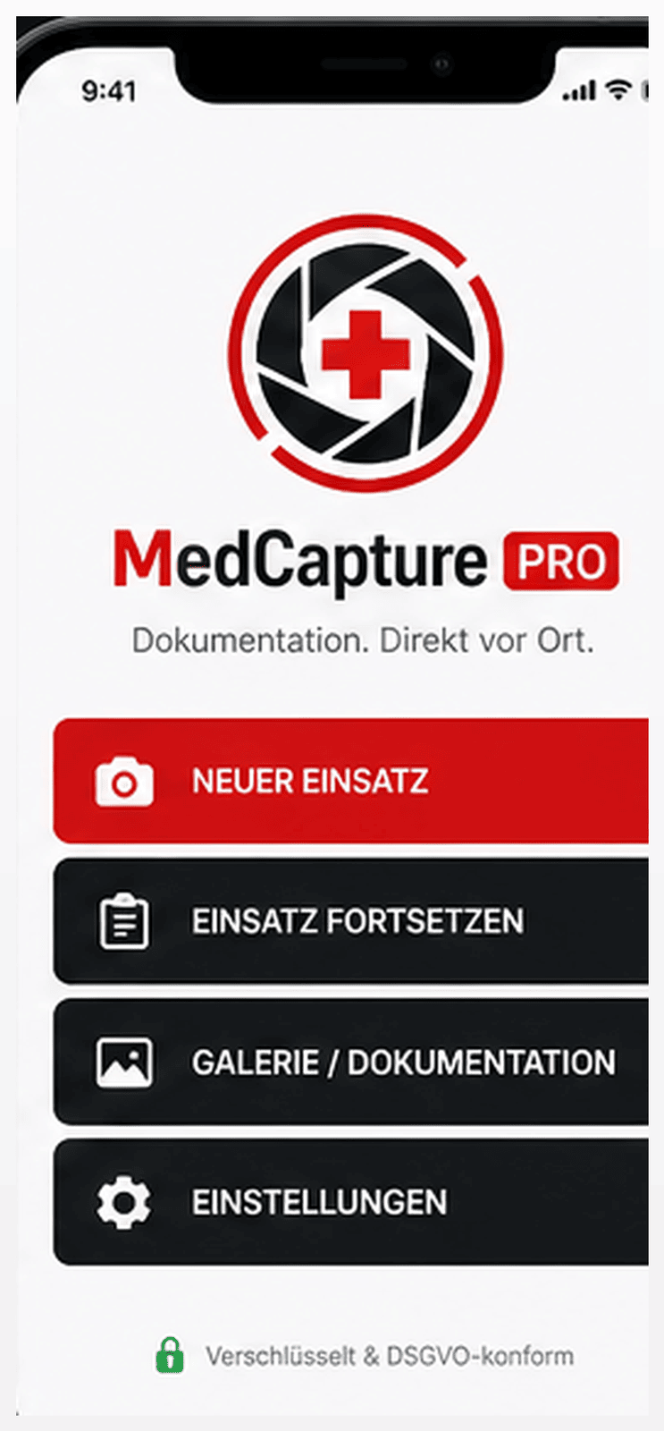 MedCapture PRO Startbildschirm mit den vier Hauptfunktionen