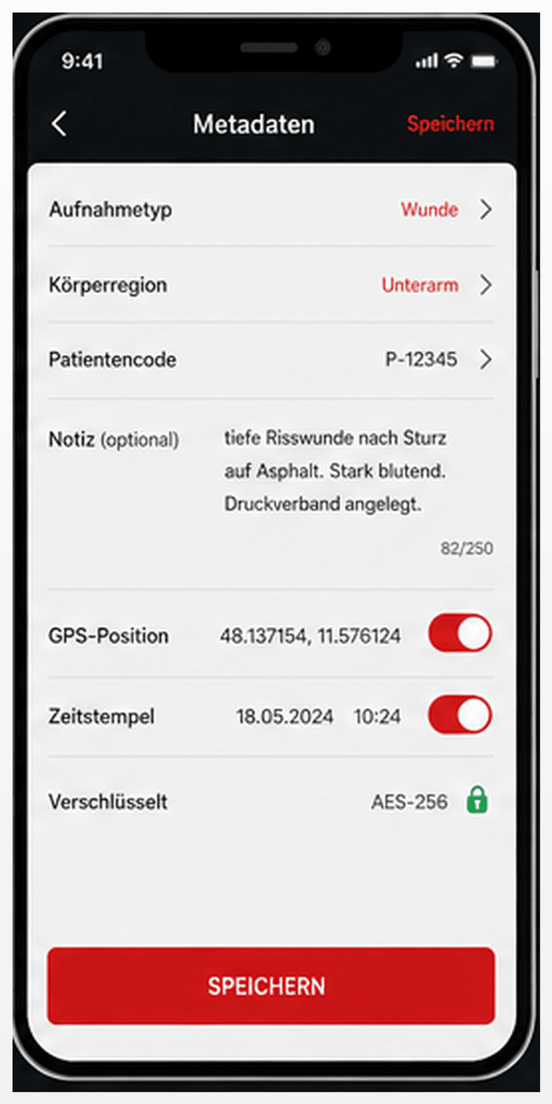 Metadaten-Eingabe mit Aufnahmetyp, Körperregion, Patientencode und Notizfeld