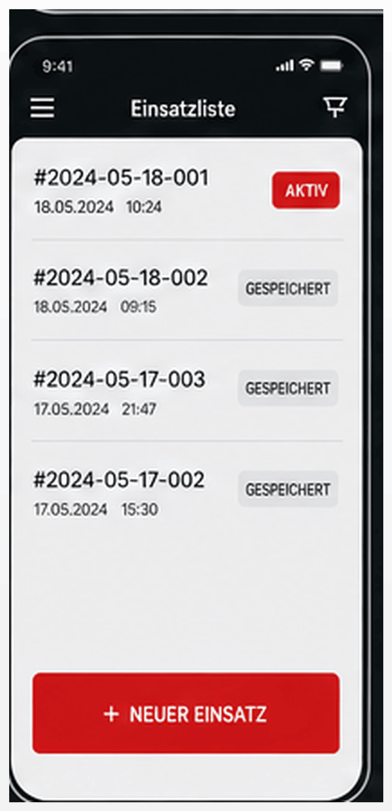 Einsatzliste mit chronologischer Übersicht aller bisherigen Einsätze